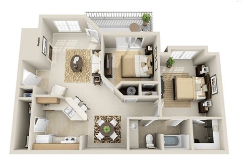 Floor plan for 2 beds, 1 bath, 933 sqft